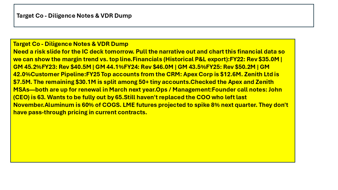 Raw Target Co diligence notes before conversion into a consulting slide