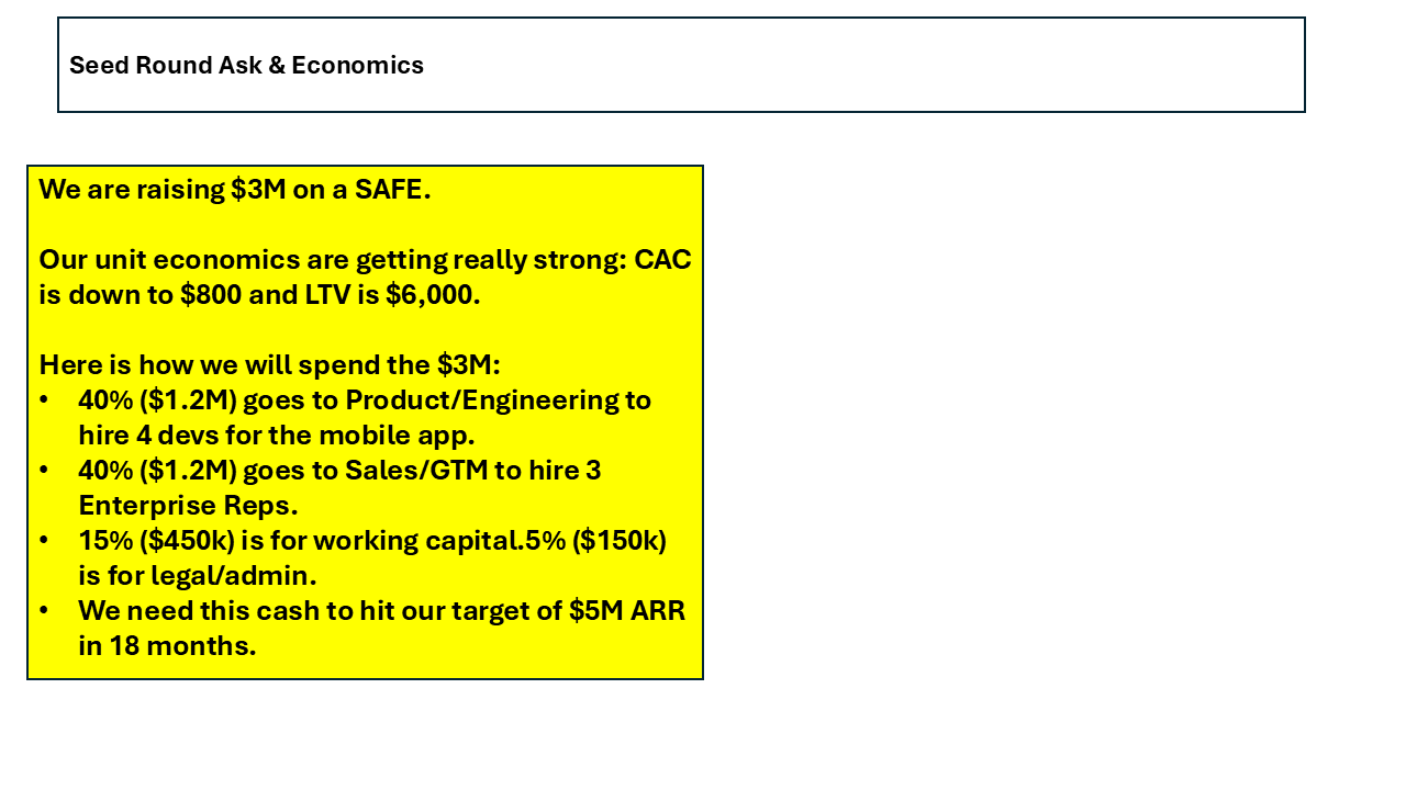 Raw seed round ask and economics notes before conversion