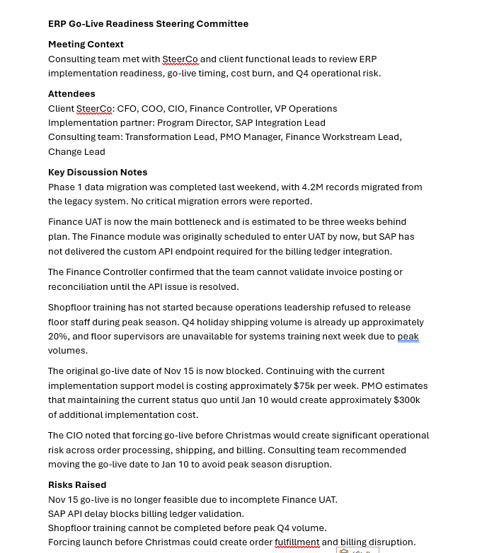 Raw ERP go-live readiness steering committee notes before conversion