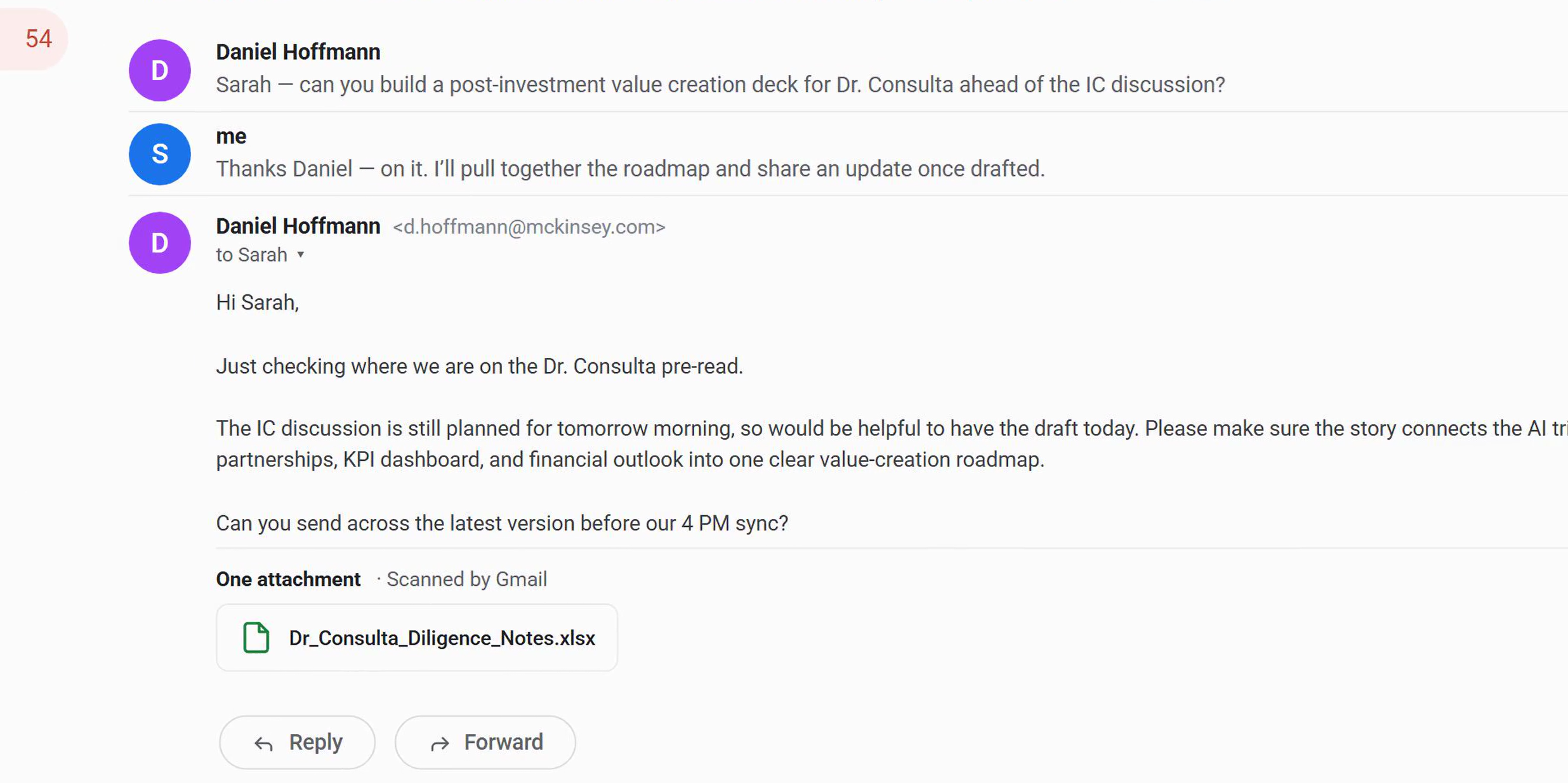 Partner email requesting a board-ready value creation roadmap