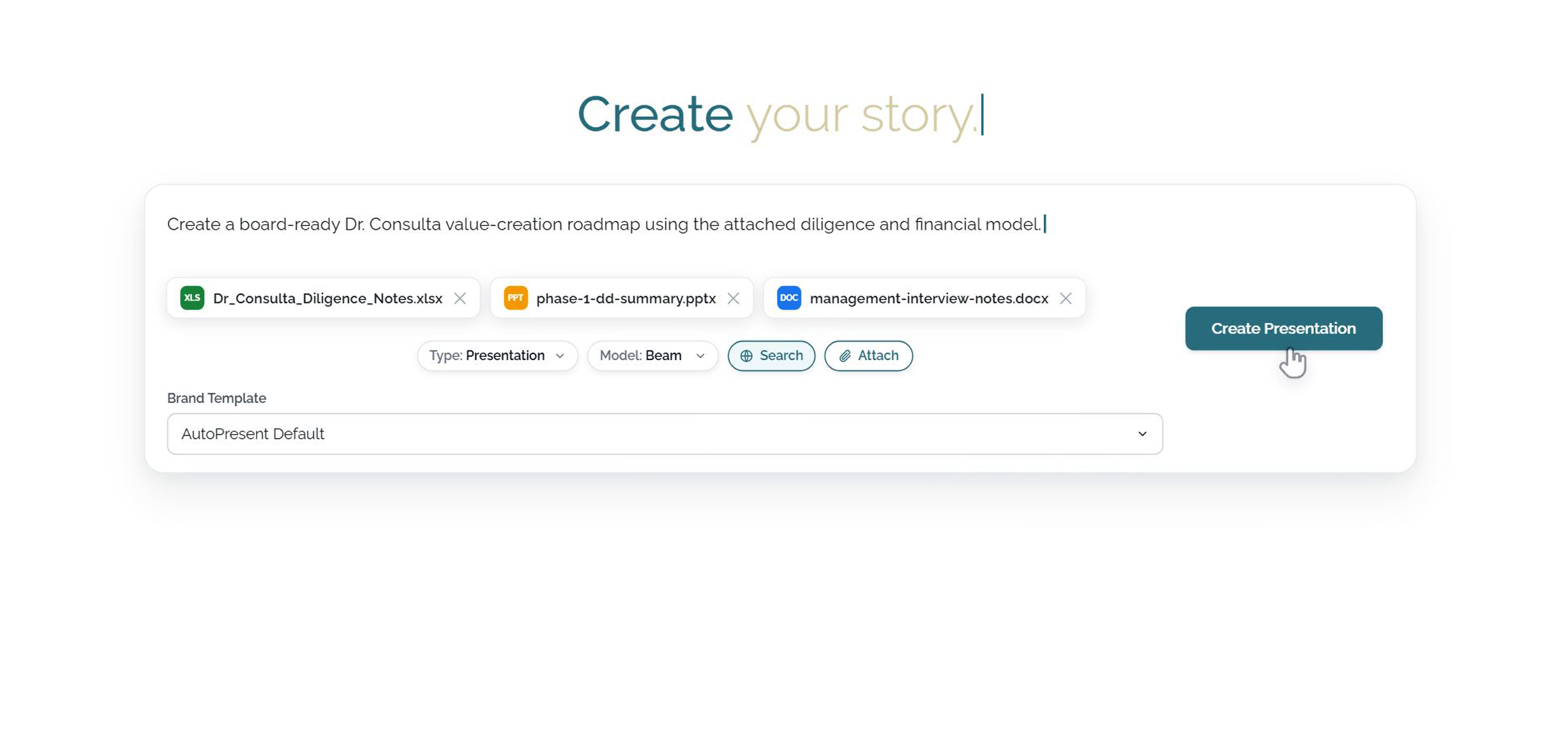 AutoPresent prompt screen for creating a board-ready Dr. Consulta value creation roadmap